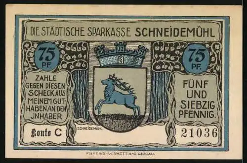 Notgeld Schneidemühl, 75 Pfennig, Wappen, Regierungsgebäude mit Umgebung