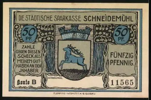 Notgeld Schneidemühl, 50 Pfennig, Wappen, Evangelisch-luth. Kirche