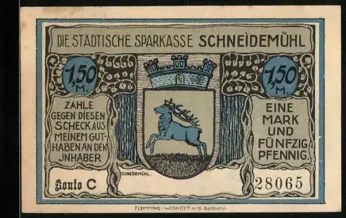 Notgeld Schneidemühl, 1 Mark 50 Pfennig, Wappen, Friedrichstein