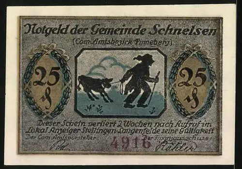 Notgeld Schnelsen /Pinneberg, 25 Pfennig, Markthalle, Bauer mit Kalb