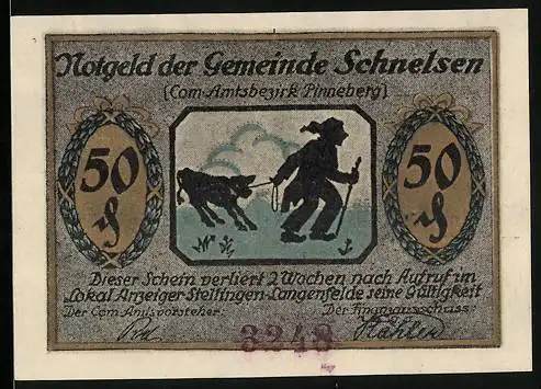 Notgeld Schnelsen /Pinneberg, 50 Pfennig, Ortspartie, Bauer mit Kalb