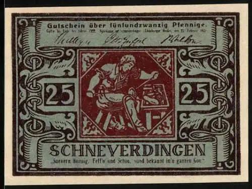 Notgeld Schneverdingen 1921, 25 Pfennig, Schuster bei der Arbeit, Ornamente