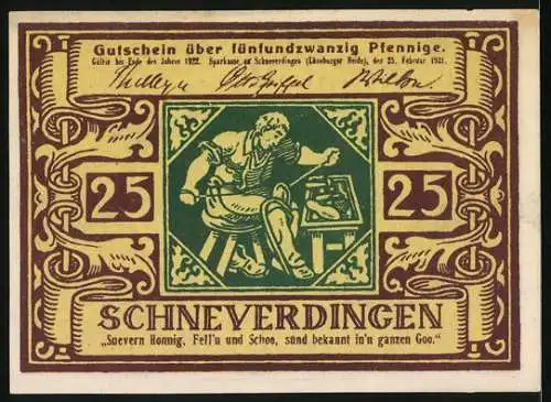 Notgeld Schneverdingen 1921, 25 Pfennig, Schuhmacher bei der Arbeit, Ornamente