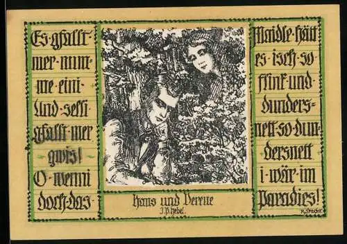 Notgeld Schopfheim 1921, 50 Pfennig, Wappen, Hut-Tracht, Hans und Verene