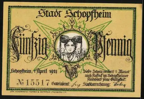 Notgeld Schopfheim 1921, 50 Pfennig, Wappen, Hut-Tracht, Hans und Verene