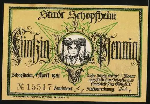 Notgeld Schopfheim 1921, 50 Pfennig, Wappen, Hut-Tracht, Der Mann im Mond