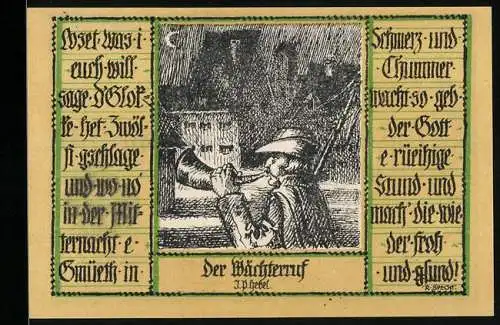 Notgeld Schopfheim 1921, 50 Pfennig, Wappen, Hut-Tracht, Der Wächterruf