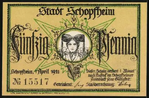 Notgeld Schopfheim 1921, 50 Pfennig, Wappen, Hut-Tracht, Der Wächterruf