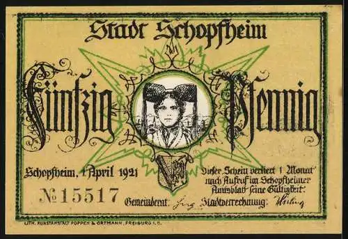 Notgeld Schopfheim 1921, 50 Pfennig, Wappen, Hut-Tracht, Joh. Peter Hebel