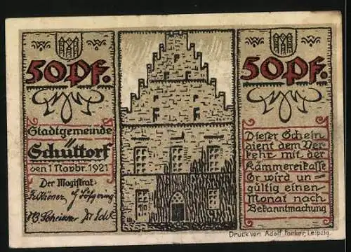 Notgeld Schüttorf 1921, 50 Pfennig, Wappen, Rathaus, Bürgermeister u. Wappen von Schüttorf, Nordhorn und Neuenhaus