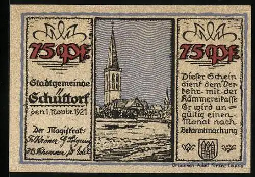 Notgeld Schüttorf 1921, 75 Pfennig, Wappen, Ortsansicht mit Kirche, Glaskutsche