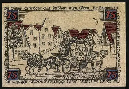 Notgeld Schüttorf 1921, 75 Pfennig, Wappen, Ortsansicht mit Kirche, Glaskutsche