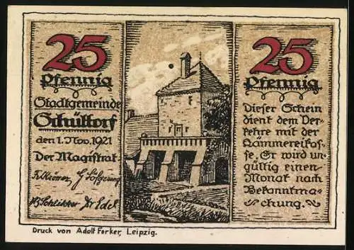 Notgeld Schüttorf 1921, 25 Pfennig, Bürgerwehr mit Banner, Bauwerk