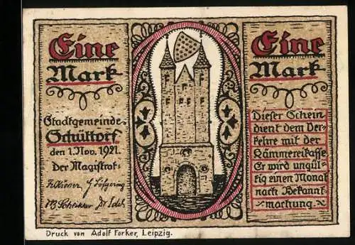 Notgeld Schüttorf 1921, 1 Mark, Wappen und Turmgebäude, Historischer Stadtplan