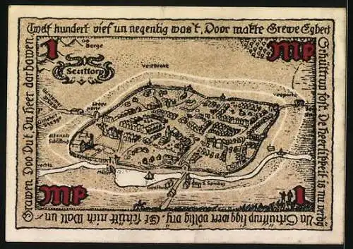 Notgeld Schüttorf 1921, 1 Mark, Wappen und Turmgebäude, Historischer Stadtplan