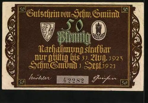 Notgeld Schw. Gmünd 1921, 50 Pfennig, Wappen, Schwarzer Zug