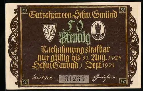 Notgeld Schw. Gmünd 1921, 50 Pfennig, Wappen, Geiger und betende Mönche vor lebendig gewordener Marienstatue