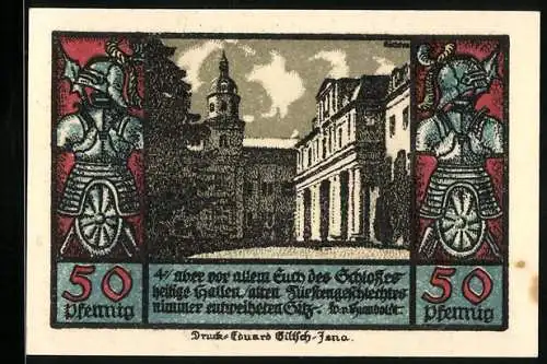 Notgeld Schwarzburg /Thür. 1922, 50 Pfennig, Doppeladler, Schwerter, Ritterrüstungen, Schloss