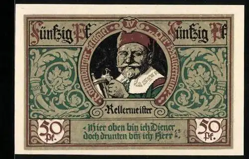 Notgeld Rothenburg ob der Tauber 1921, 50 Pfennig, Der Kellermeister beim Trinken