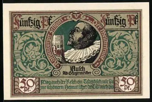 Notgeld Rothenburg ob der Tauber 1921, 50 Pfennig, Alt-Bürgermeister Musch beim Trinken