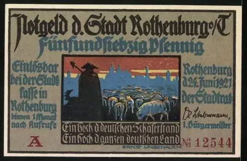 Notgeld Rothenburg o. T. 1921, 75 Pfennig, Hirte mit Schafherde, Mann und Frau in Tracht