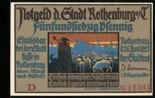 Notgeld Rothenburg o. T. 1921, 75 Pfennig, Der historische Schäfertanz, Hirte mit Schafherde