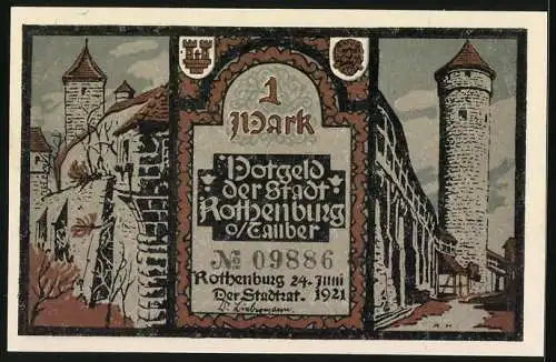 Notgeld Rothenburg o. Tauber 1921, 1 Mark, Stadtmauer und Turm