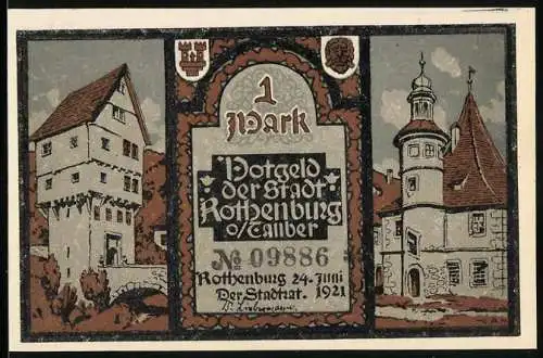 Notgeld Rothenburg o. Tauber 1921, 1 Mark, Brückenturm und Rathaus