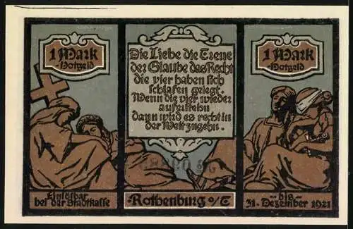 Notgeld Rothenburg o. Tauber 1921, 1 Mark, Brückenturm und Rathaus