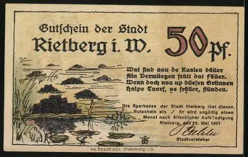 Notgeld Rietberg i. W. 1921, 50 Pfennig, Die Schlosswälle