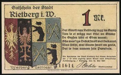 Notgeld Rietberg i. W. 1921, 1 Mark, Schloss Eden vor dem Abbruch