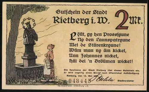 Notgeld Rietberg i. W. 1921, 2 Mark, Die St. Johannes-Kapelle