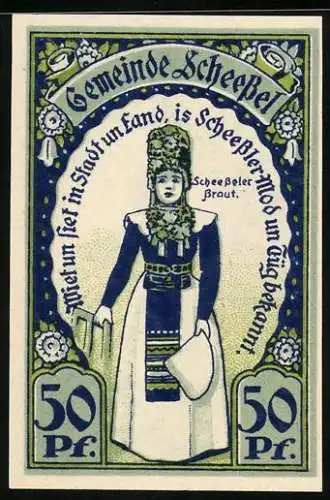 Notgeld Scheessel 1921, 50 Pfennig, Frau in Tracht, Ortsansicht