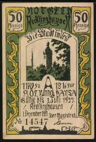 Notgeld Recklinghausen 1921, 50 Pfennig, Die Bürger erhalten die Berechtigung zum Kirchbau