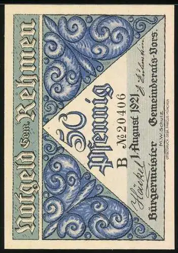 Notgeld Rehmen 1921, 50 Pfennig, Partie an der Mühle