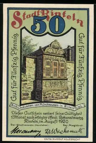 Notgeld Rinteln 1920, 50 Pfennig, Archivhäuschen von Münchhausen