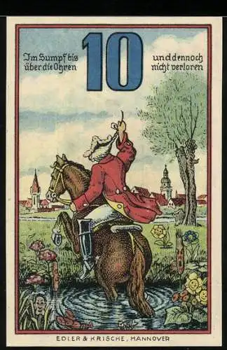 Notgeld Rinteln 1920, 10 Pfennig, Münchhausen zieht sich am eigenen Schopfe aus dem Sumpf