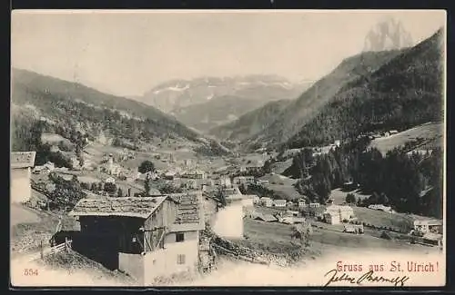 AK St. Ulrich in Gröden, Blick vom Berghang in den Ort