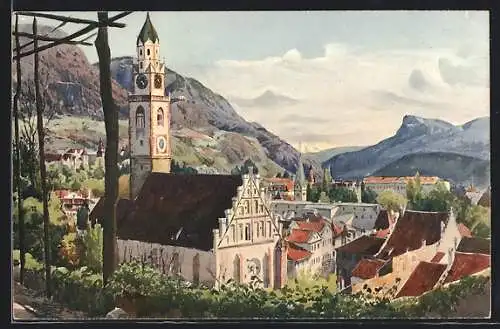 Künstler-AK J. Marschall: Meran, Blick zur Pfarrkirche