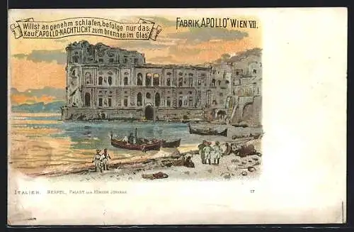 Lithographie Neapel, Palast der Königin Johanna, Reklame für Fabrik Apollo Wien