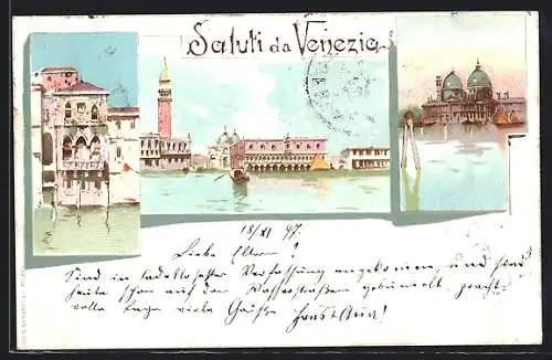 Lithographie Venezia, Ortspartie, Kirche, Wohnhaus