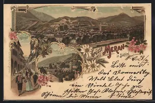 Lithographie Meran i. Südtirol, Laubengasse, Partie a. d. Gilf, Ortsansicht