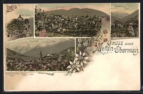 Lithographie Meran-Obermais, Lenoburg, Schloss Tirol