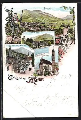 Lithographie Meran, Habsburger-Strasse, Wandelbahn, St. Nicolauspfarrkirche