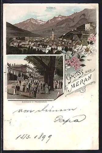 Lithographie Meran, Totalansicht mit Kurhaus und Promenade