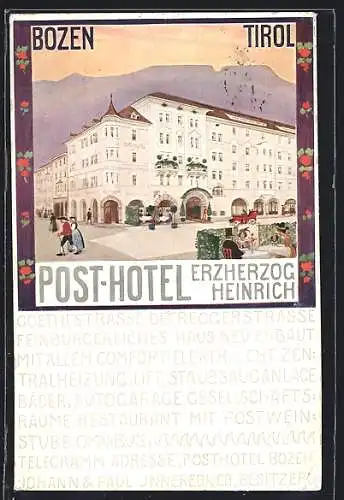 AK Bozen, Post-Hotel Erzherzog Friedrich, Goethestrasse Ecke Defreggerstrasse