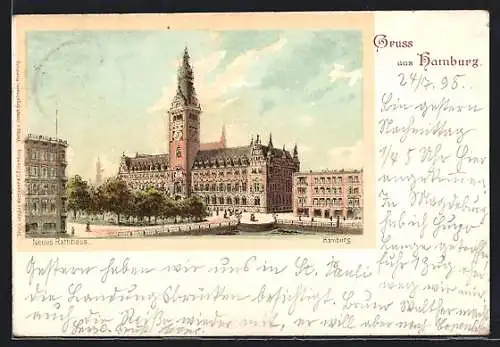 Lithographie Hamburg, Blick auf das neue Rathaus