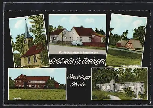 AK Gr. Oesingen, Schule, IFA-Fachgeschäft E. Brockelmann, Kirche, alter Schafstall