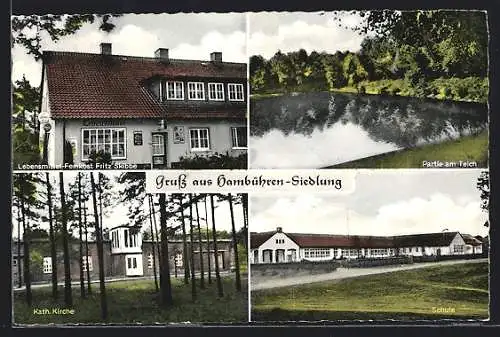 AK Hambühren, Lebensmittelgeschäft Fritz Skibbe, Schule, Kath. Kirche, Partie am Teich