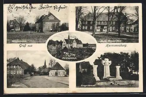 AK Hermannsburg, Volkshochschule, Billingstrasse, Kriegerdenkmal, Christianschule